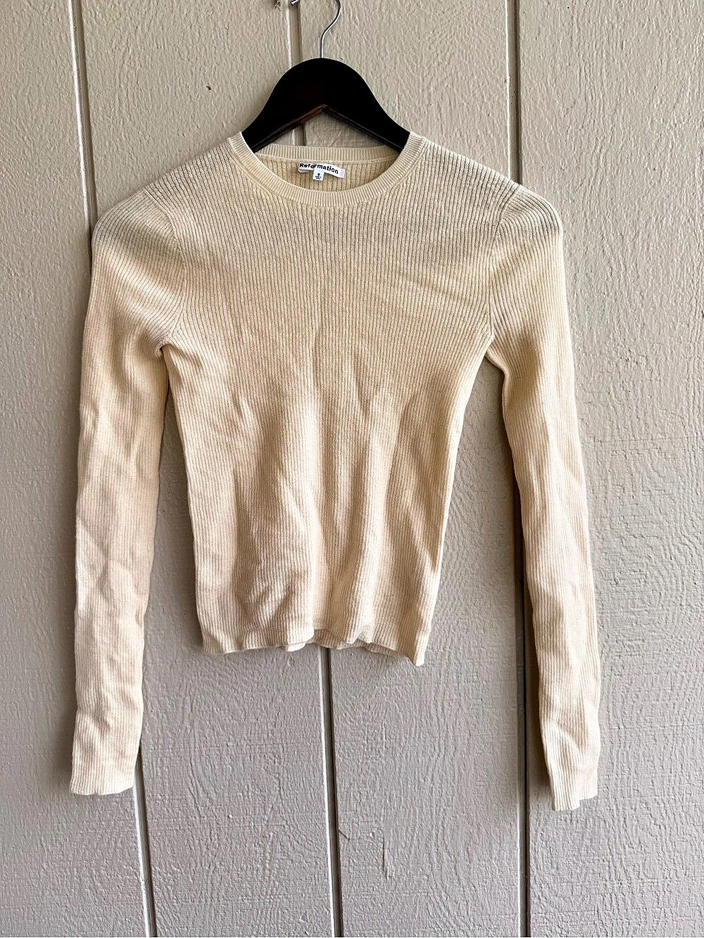Reformation 100% Merino Wool Ribbed Long Sleeve Sweater Top Pale Yellow S